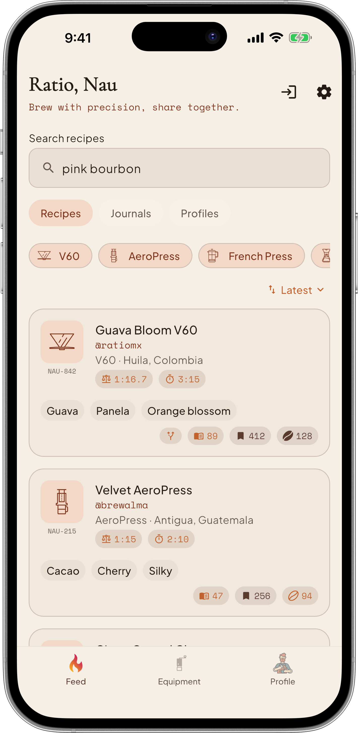 Screenshot of the recipe feed inside the Ratio, Nau app.