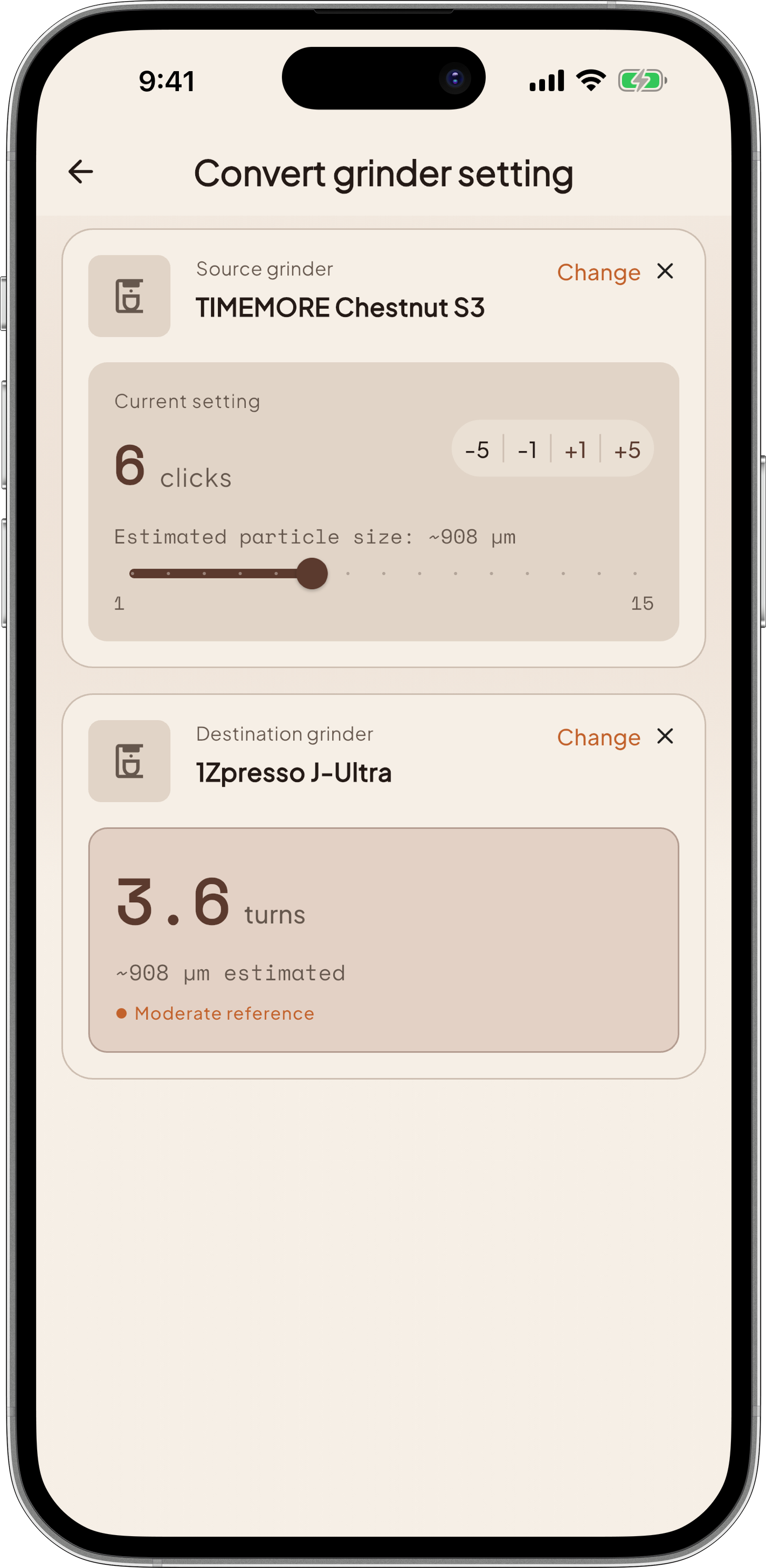 Screenshot of the grind conversion view inside the Ratio, Nau app.