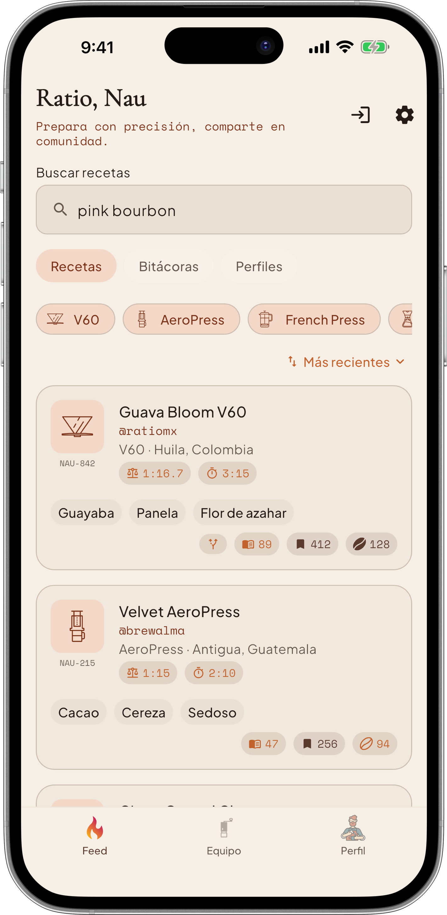 Captura del feed de recetas dentro de la app de Ratio, Nau.