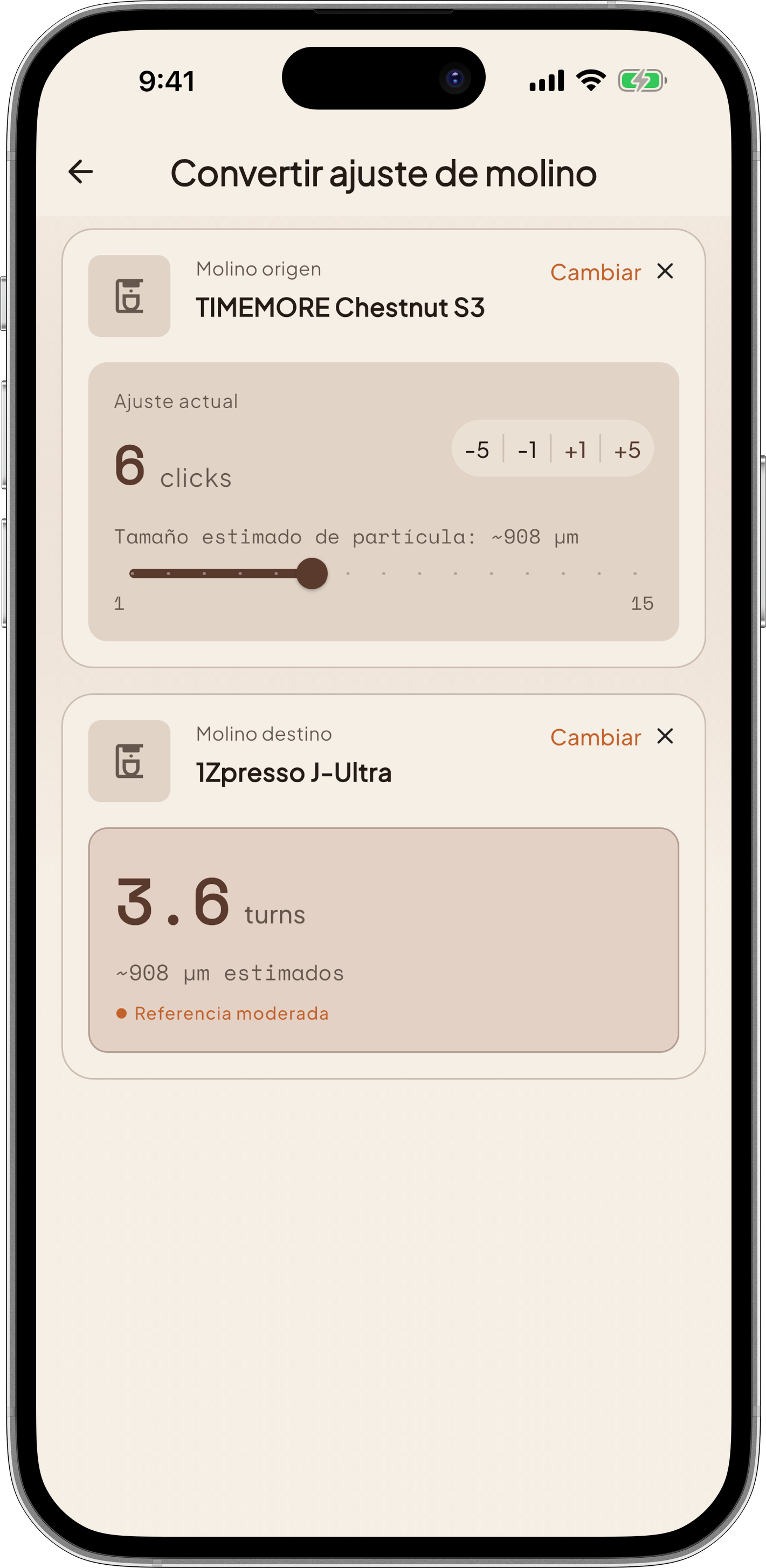 Captura de la vista de conversión de molido dentro de la app de Ratio, Nau.