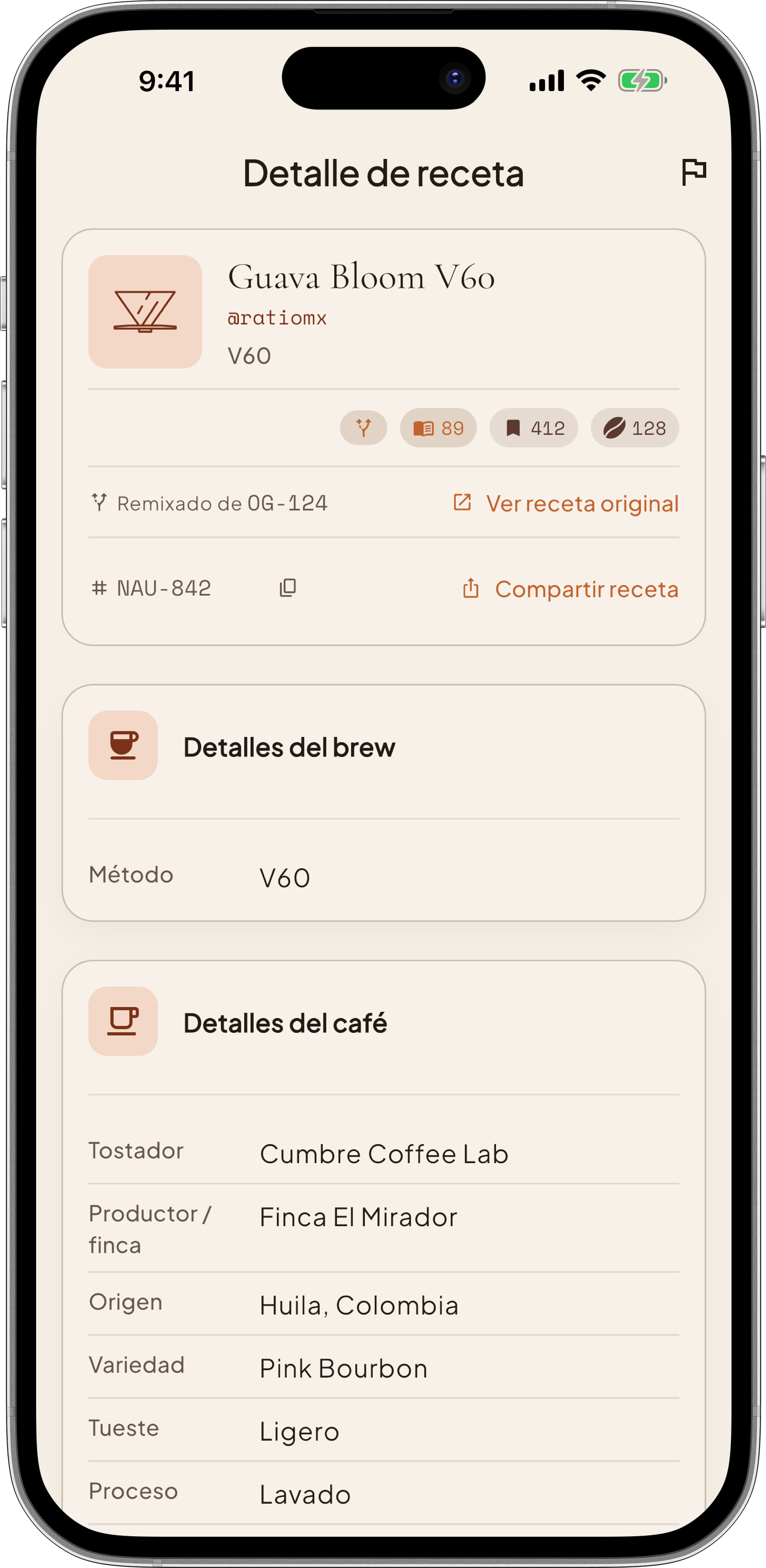 Captura del detalle de una receta en la app de Ratio, Nau.