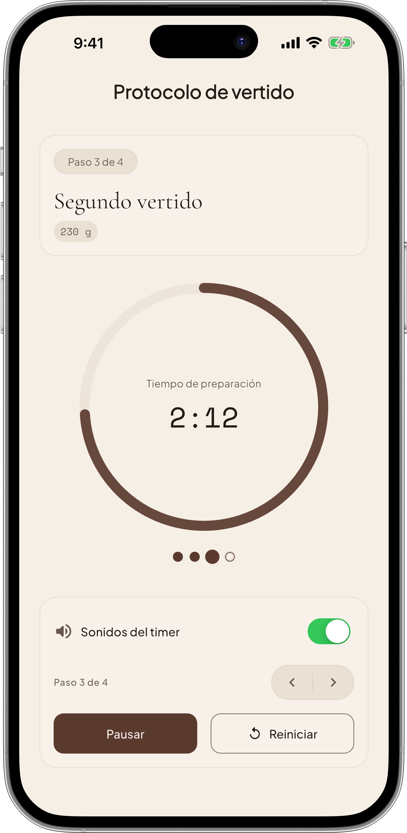 Captura del timer de preparación dentro de la app de Ratio, Nau.